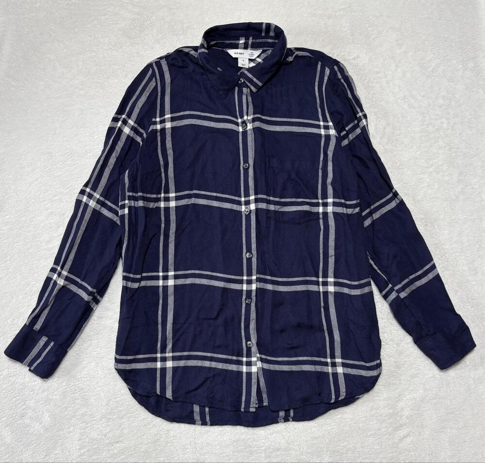 Old Navy Shirt Womens Medium Blue Plaid Long Sleeve Button Up Collared